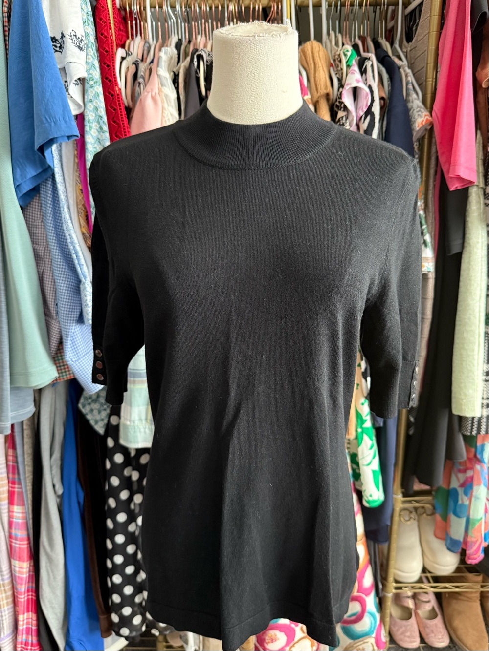 White House Black Market Black Mock Neck Half Sleeve Sweater Back Zip Medium
